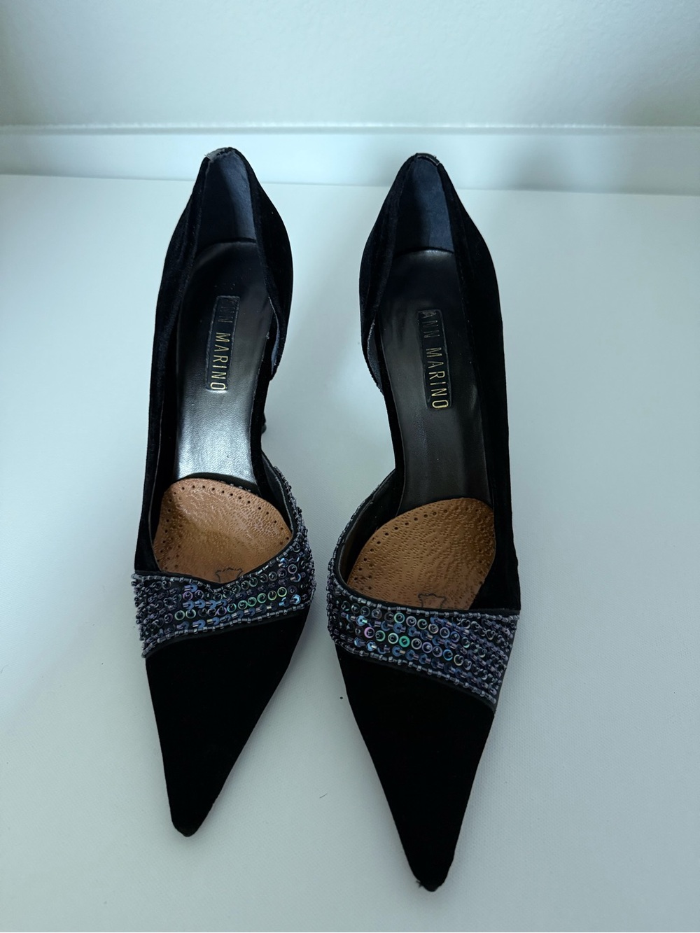 Ann Marino Black Pointed Toe Heels with Sequin Band